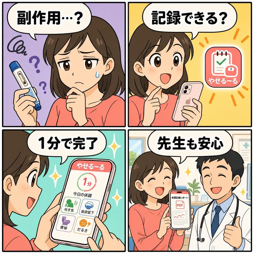 やせるーる（iOSアプリ）のしくみを4コマ漫画で説明した図
