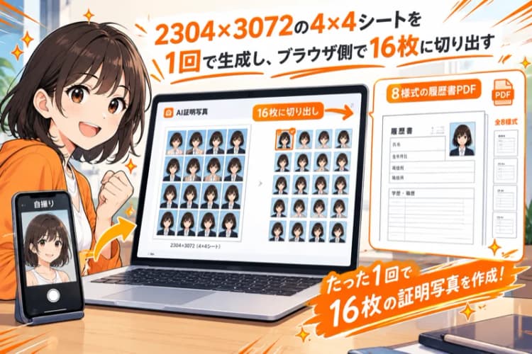 AI証明写真（履歴書用）— 16枚から選んで履歴書PDFに焼き込む の画面 1