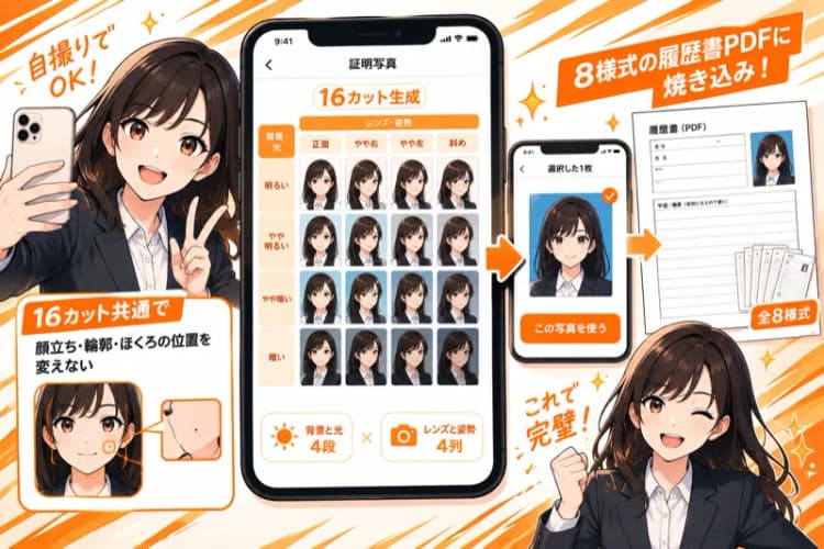 AI証明写真（履歴書用）— 16枚から選んで履歴書PDFに焼き込む の画面 2