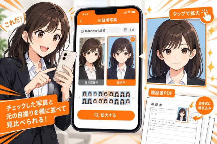 AI証明写真（履歴書用）— 16枚から選んで履歴書PDFに焼き込む の画面 3