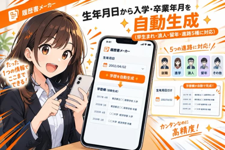 履歴書メーカー — 生年月日だけで学歴欄が埋まる の画面 1