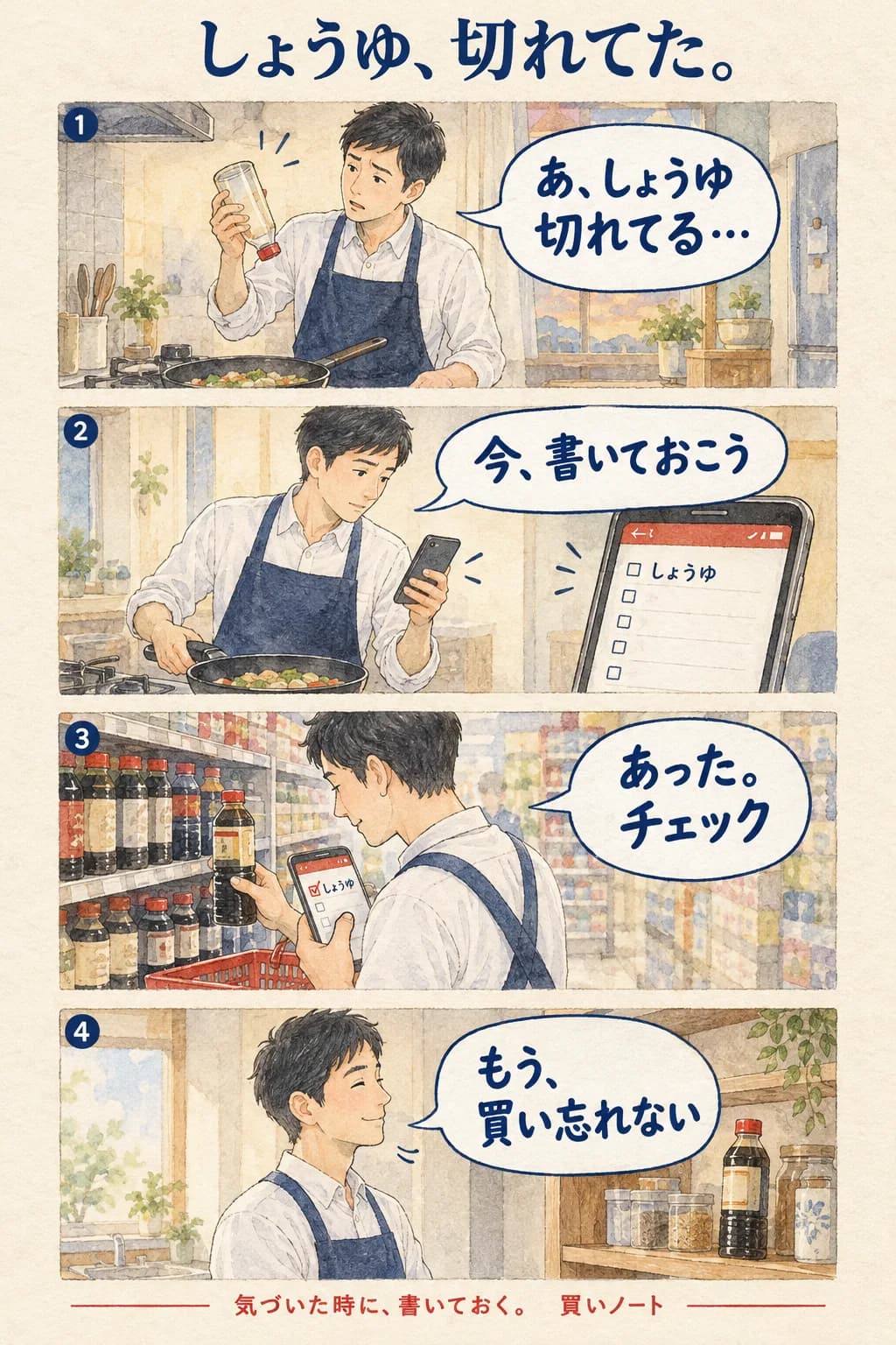 4コマ:料理中にしょうゆが切れているのに気づいた男性が、その場で買いノートに「しょうゆ」と書き、売り場でリストの左の四角に印を付けて買い、台所に新しいしょうゆが並ぶ