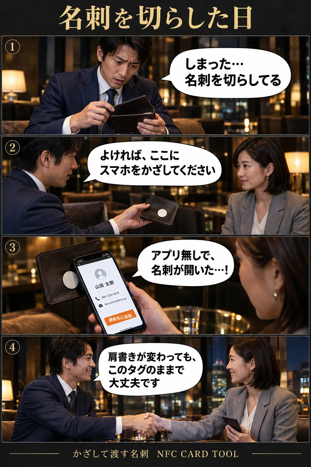 4コマ:商談で名刺を切らした男性が、名刺入れに貼ったNFCタグを差し出す。相手がスマートフォンをかざすとアプリ無しで名刺が開き、「連絡先に追加」で保存。肩書きが変わってもタグはそのままでよい、と話す