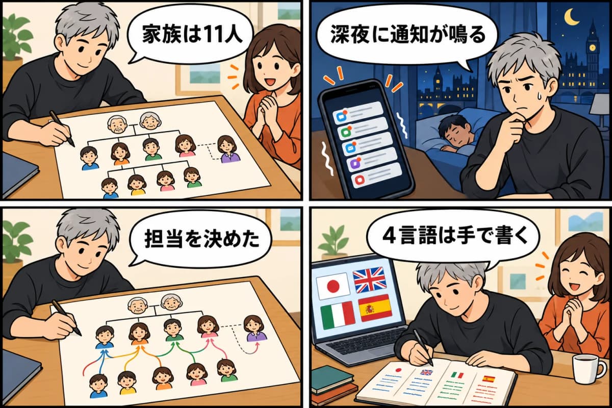 介護アプリは「家族11人」で設計すると壊れる ― CareFamを4コマ漫画にしたもの