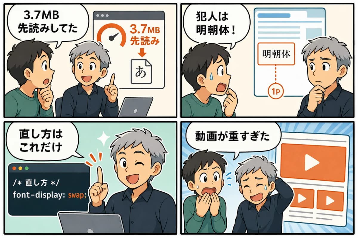 使っていない日本語フォントを3.7MB先読みしていたを4コマ漫画にしたもの