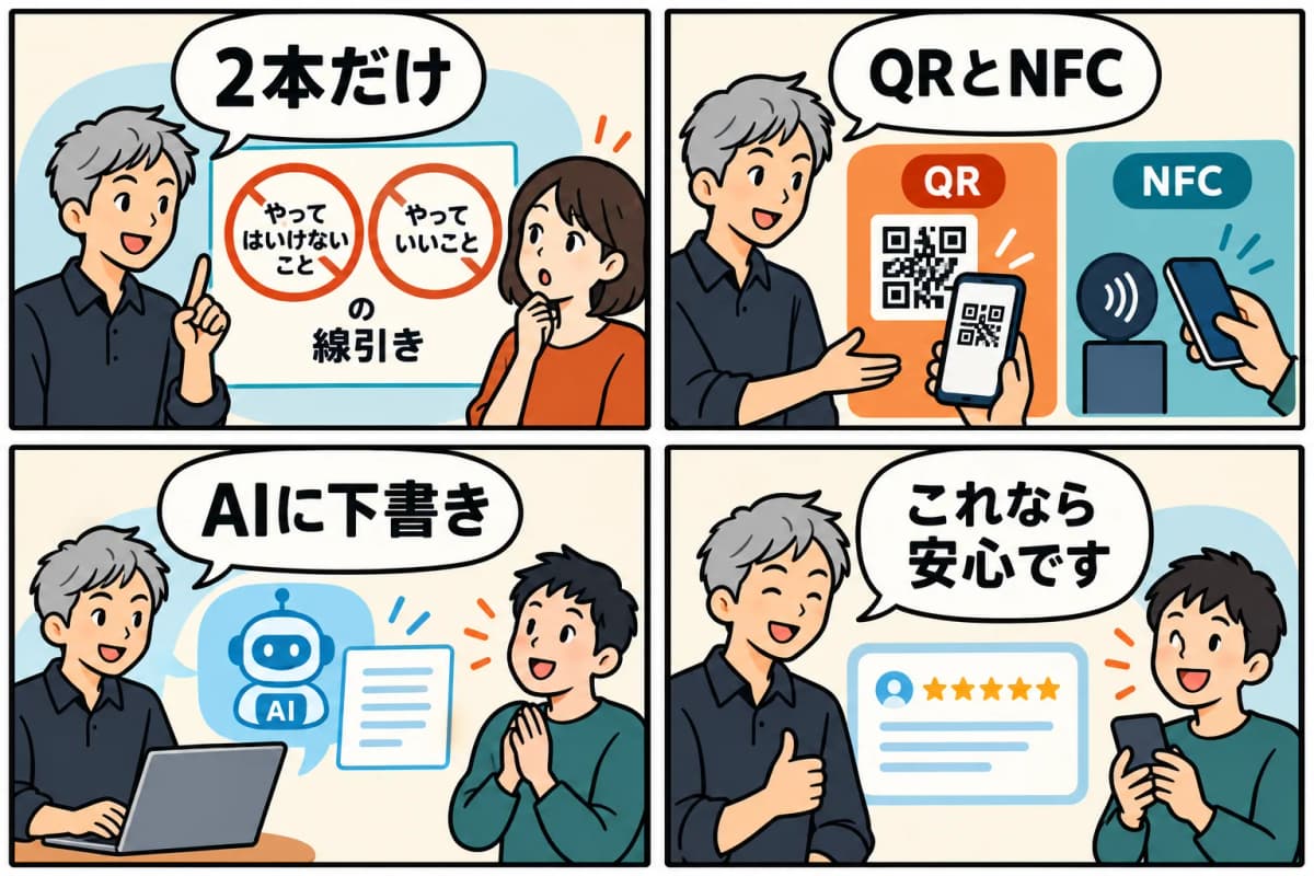 Google口コミを増やす導線で、やっていいことと、やってはいけないことを4コマ漫画にしたもの