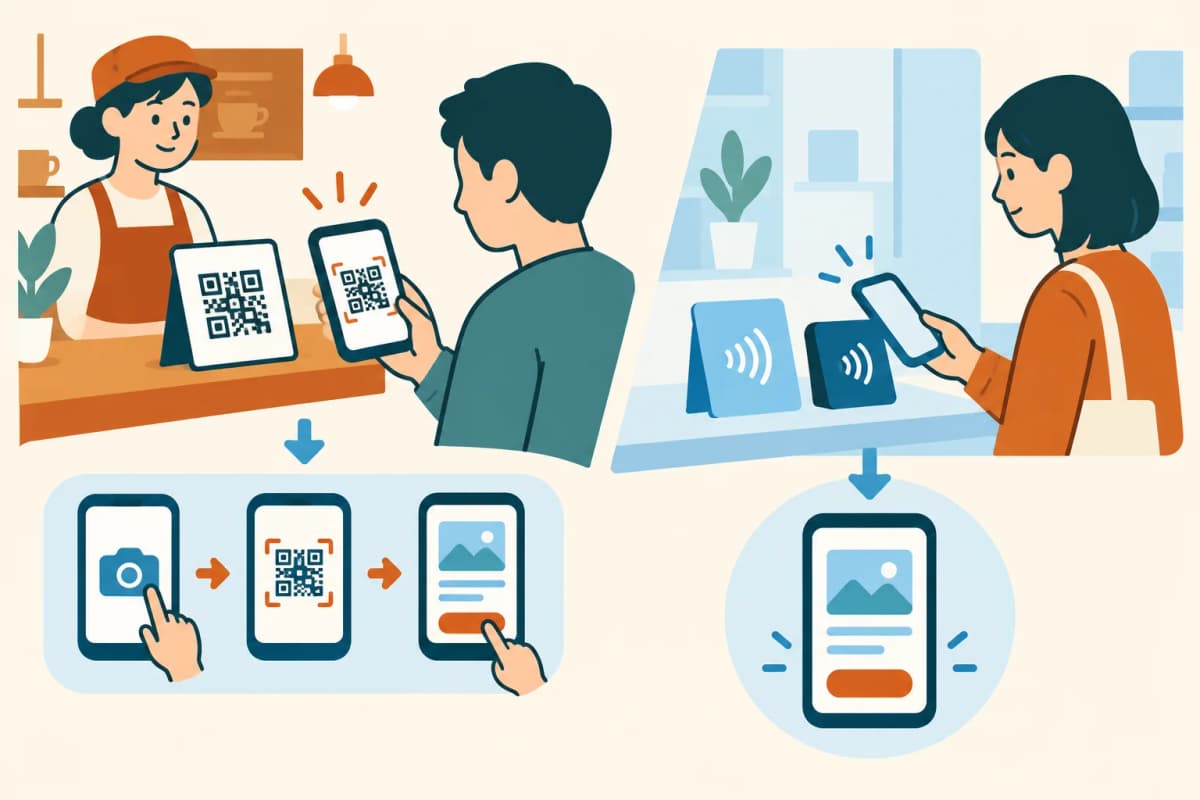 QRとNFCの使い分けを表すイラスト