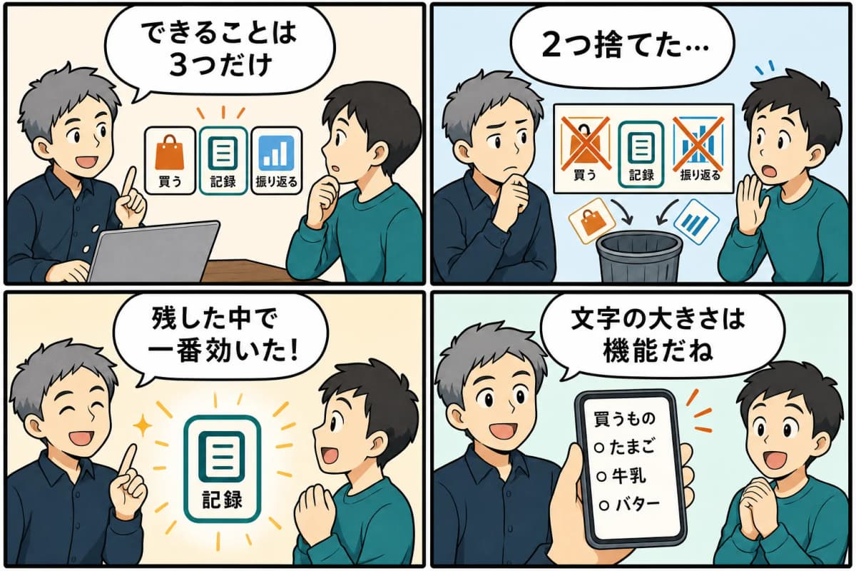 機能を3つに削るまでに、2つ捨てた話 ―「買いノート」を4コマ漫画にしたもの