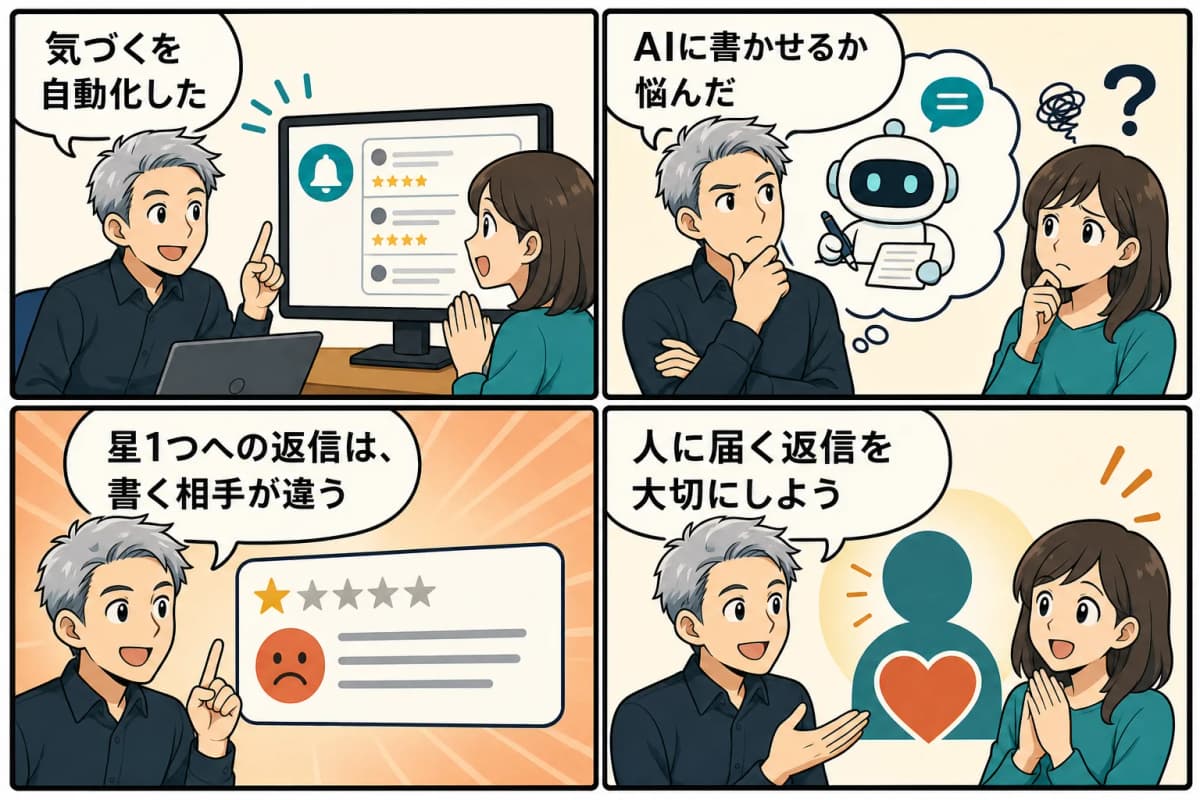 口コミ返信をAIに任せるとき、どこで手を止めるか ―「MEO Pro」を4コマ漫画にしたもの