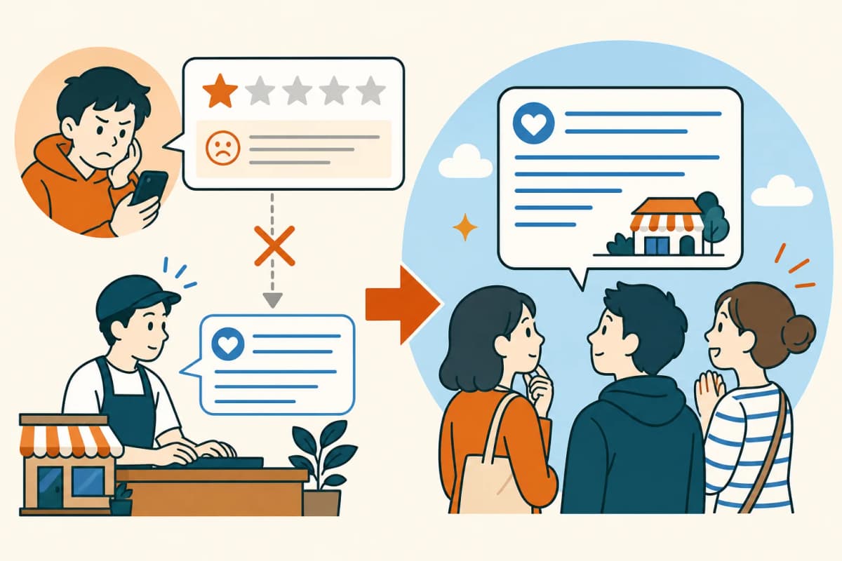 低評価への返信を、これから店を選ぶ人が読んでいる様子