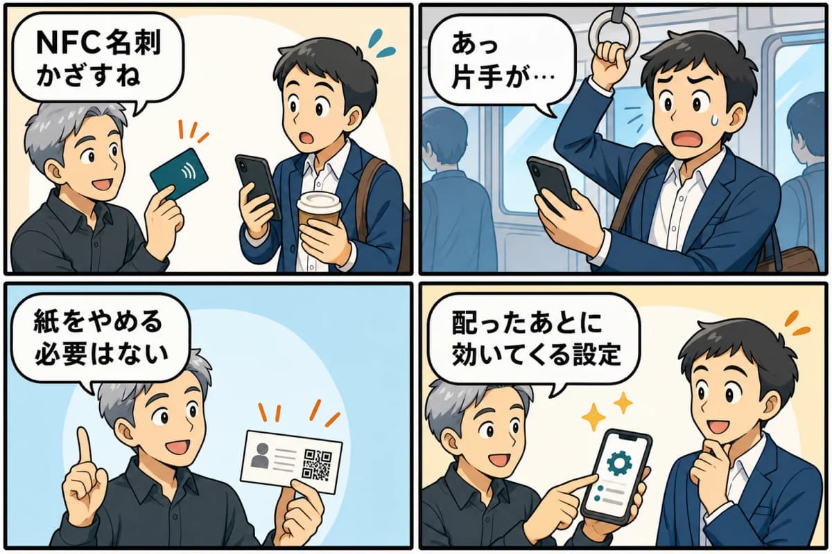 NFCデジタル名刺、配ったあとに何が起きるかを4コマ漫画にしたもの