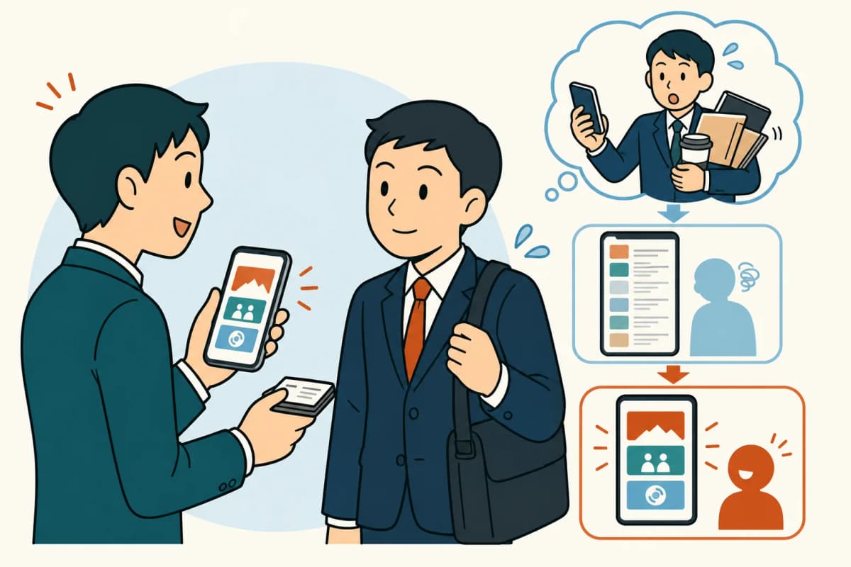 名刺交換の場で相手がスマホを見る時間は10秒ほどという場面
