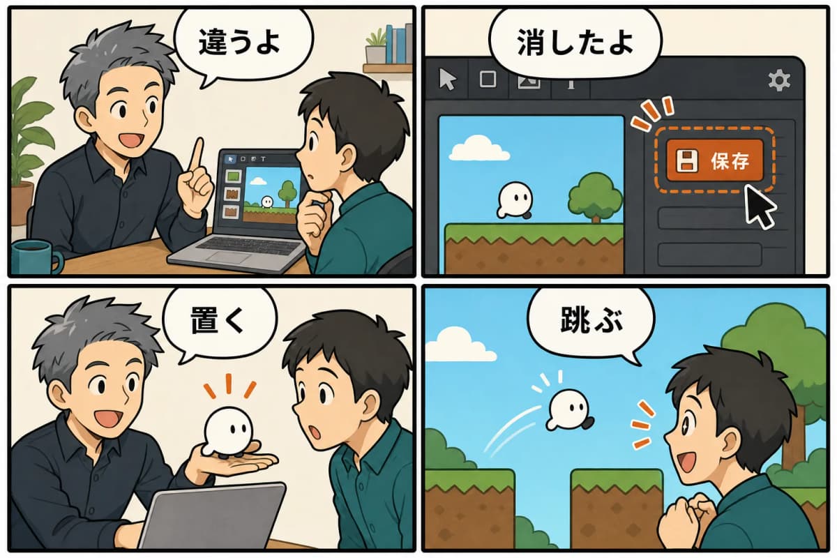 60秒で遊べるところまで持っていくために、消したものを4コマ漫画にしたもの