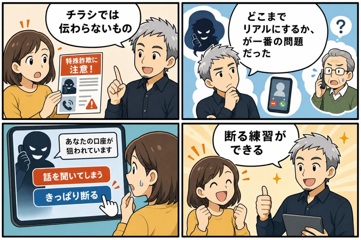 詐欺の手口は、読んでも防げない ―「特殊詐欺撲滅シミュレータ」を4コマ漫画にしたもの