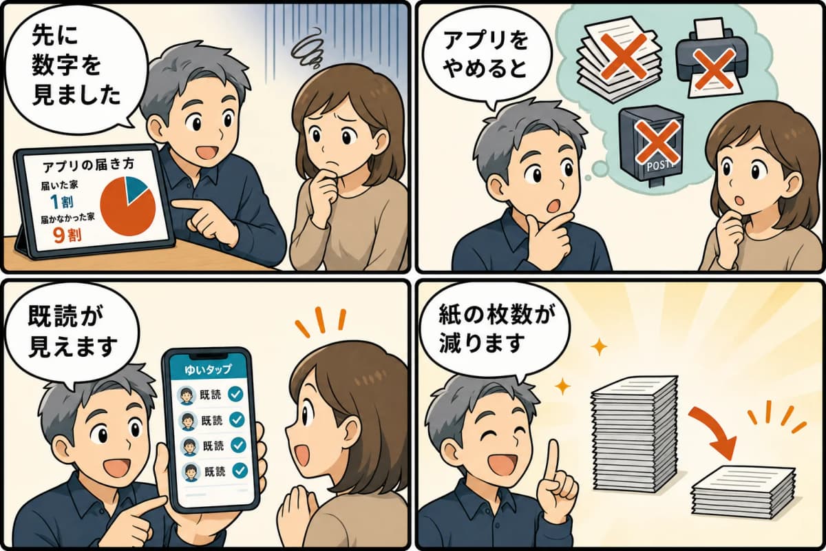 アプリを配ると、9割の家に届かない ―「ゆいタップ」を4コマ漫画にしたもの