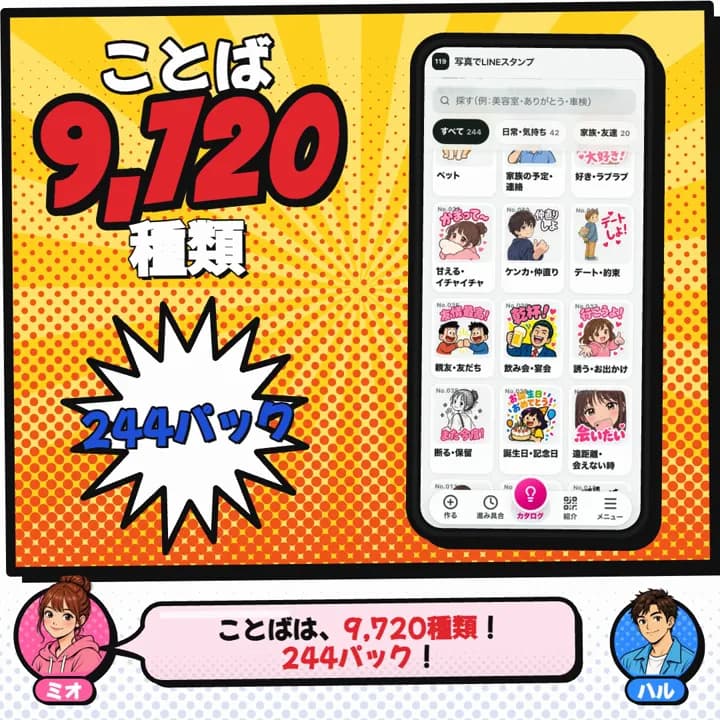 ことば9,720種類・244パック。右のスマホで本番のカタログがスクロールしている