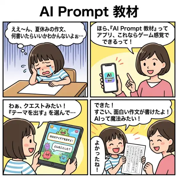 AI Prompt 教材プラットフォームの4コマ漫画