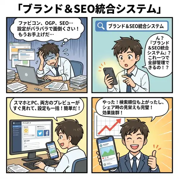 ブランド&SEO統合システムの4コマ漫画