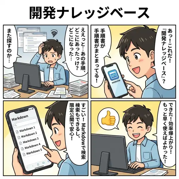 開発ナレッジベース kb.nextcode.ltdのしくみを4コマ漫画で説明した図