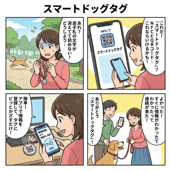 スマートドッグタグのしくみを4コマ漫画で説明した図