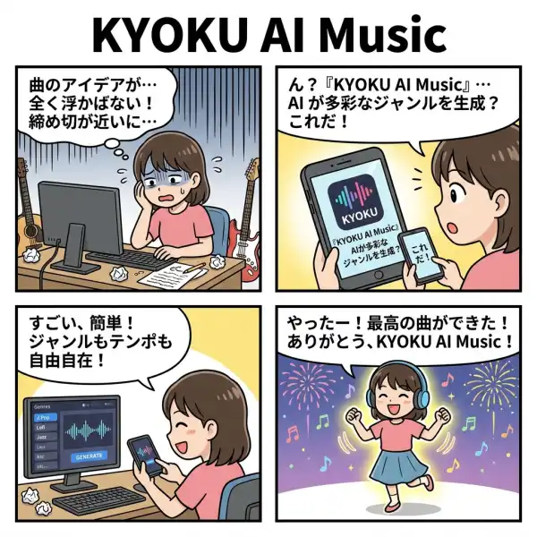 KYOKU - AI Music Platformのしくみを4コマ漫画で説明した図