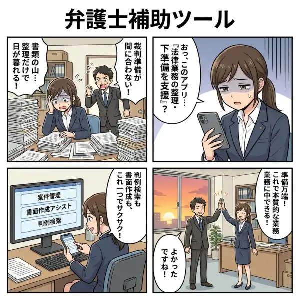 弁護士補助ツールのしくみを4コマ漫画で説明した図