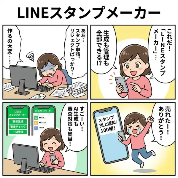 LINEスタンプメーカーのしくみを4コマ漫画で説明した図