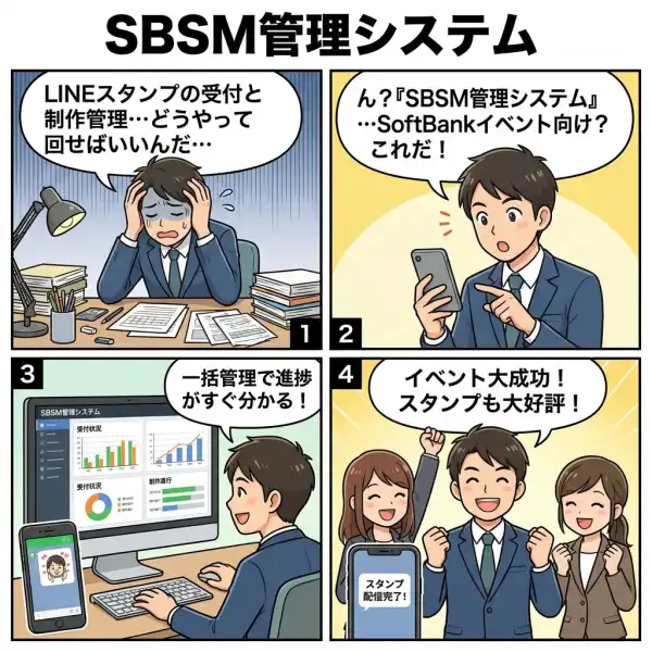 SBSM管理システムのしくみを4コマ漫画で説明した図