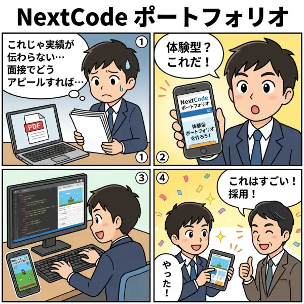 NextCode ポートフォリオサイトの4コマ漫画