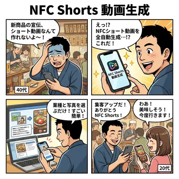NFC Shorts 動画生成のしくみを4コマ漫画で説明した図
