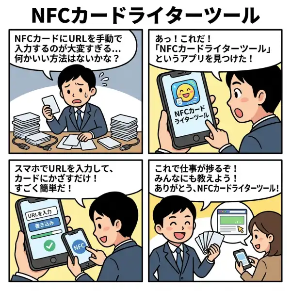 NFCカードライターツール(ローカルPython)のしくみを4コマ漫画で説明した図