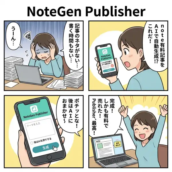 NoteGen Publisher - AI記事自動生成の4コマ漫画