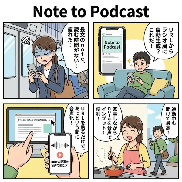 Note to Podcast - AI記事音声化のしくみを4コマ漫画で説明した図