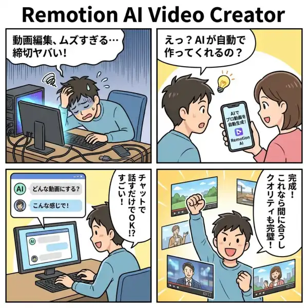 Remotion AI Video Creatorのしくみを4コマ漫画で説明した図