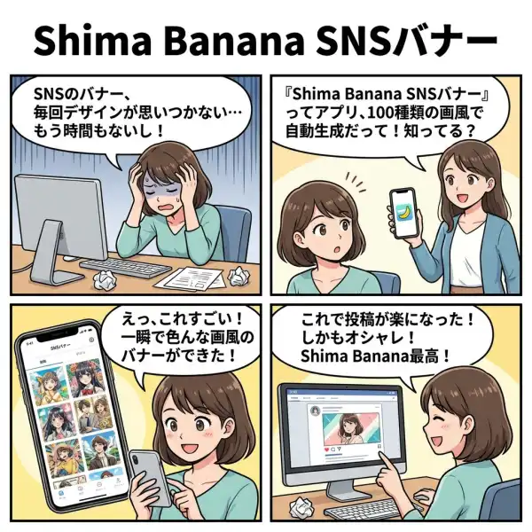 Shima Banana - SNSバナー&4コマ漫画 AIジェネレーターの4コマ漫画