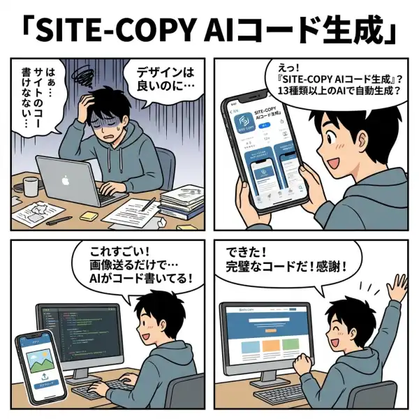 SITE-COPY - AIコード生成プラットフォームの4コマ漫画