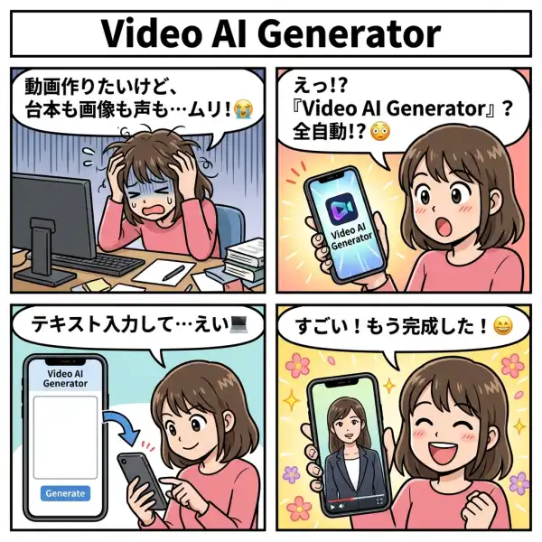 Video AI Generatorのしくみを4コマ漫画で説明した図