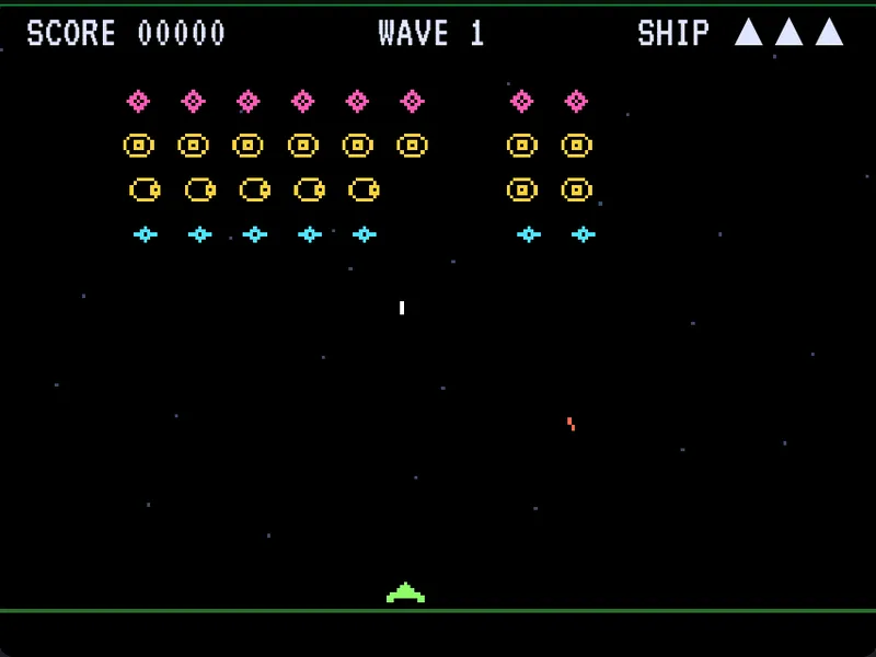 並んで降りてくる敵を撃つゲームの再現デモの画面
