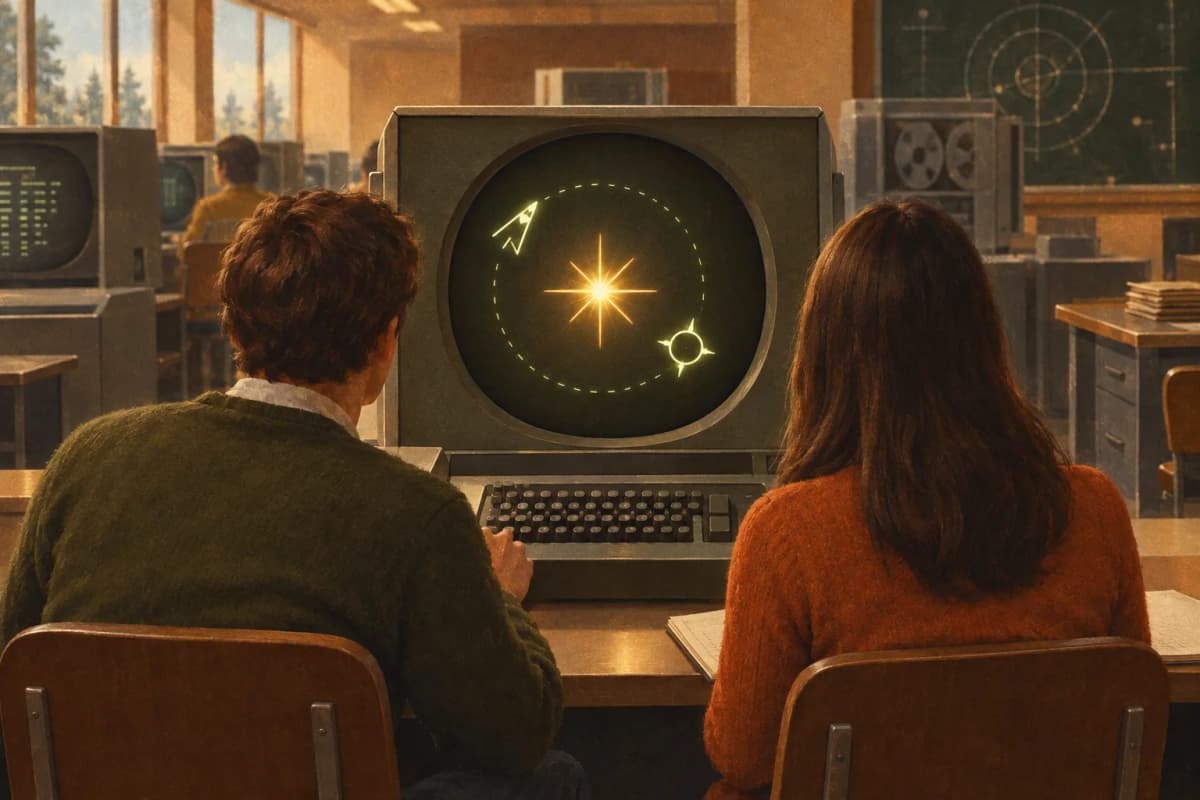 線の宇宙ゲーム(重力のある星のまわりで撃ち合う)のイメージイラスト(当時の雰囲気を描いたオリジナル画)