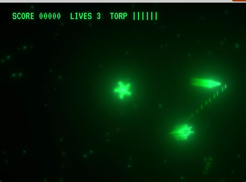 線の宇宙ゲーム(重力のある星のまわりで撃ち合う)の再現デモの画面