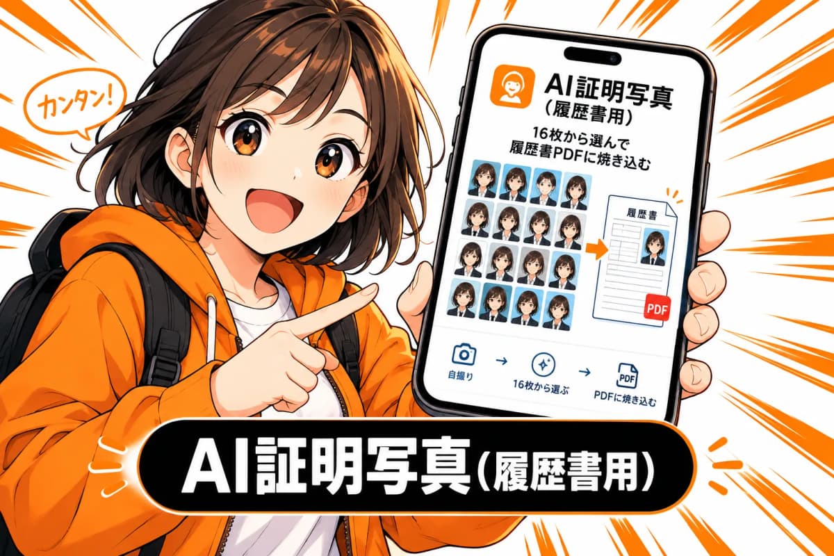 AI証明写真(履歴書用)— 16枚から選んで履歴書PDFに焼き込むのサムネイル