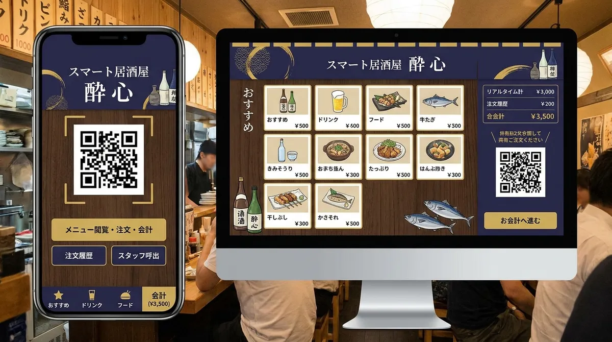 QRコードでメニュー閲覧・注文・会計まで完結するスマート居酒屋システム
