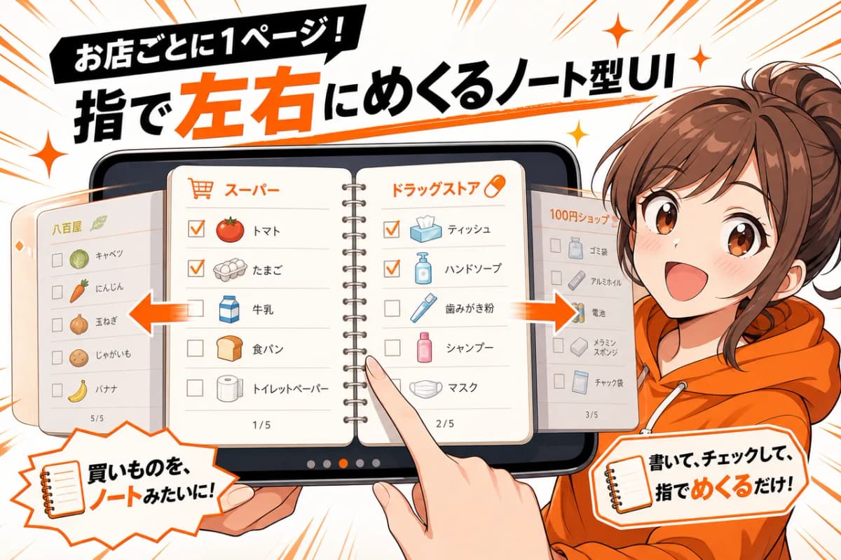 お店ごとに1ページ、指で左右にめくるノート型UI