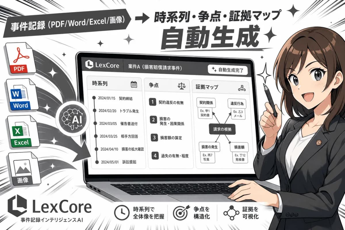 事件記録→ 時系列・争点・証拠マップ自動生成