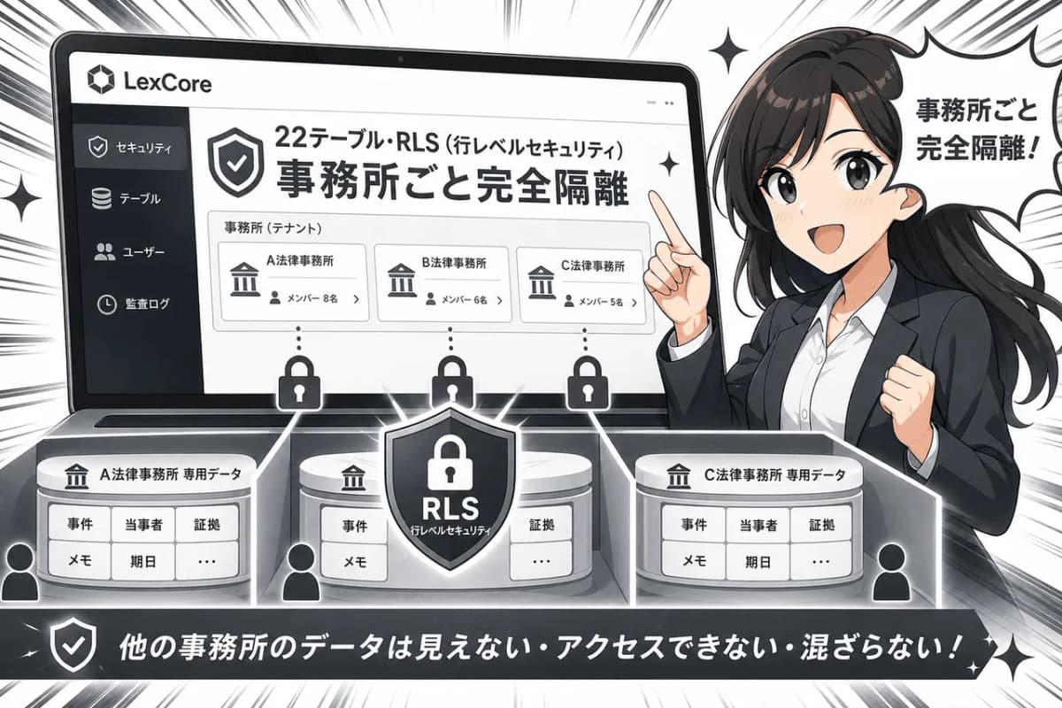 22テーブル・RLSで事務所ごと完全隔離
