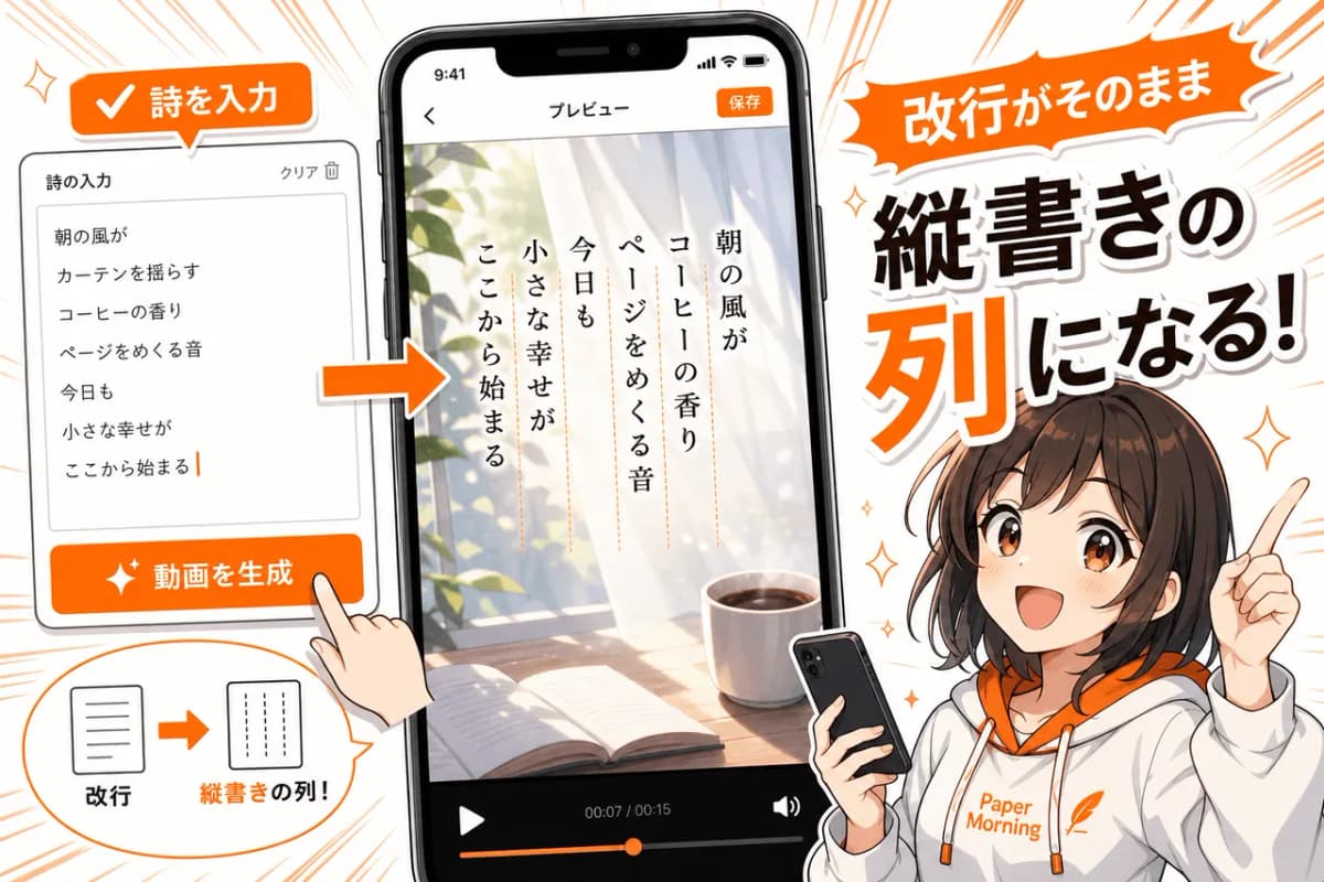 改行がそのまま縦書きの列になる日本語組版