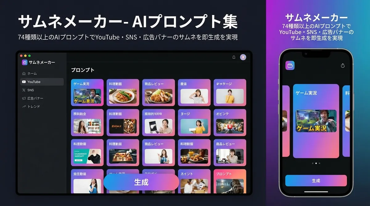 74種類以上のAIプロンプトでYouTube・SNS・広告バナーのサムネを即生成