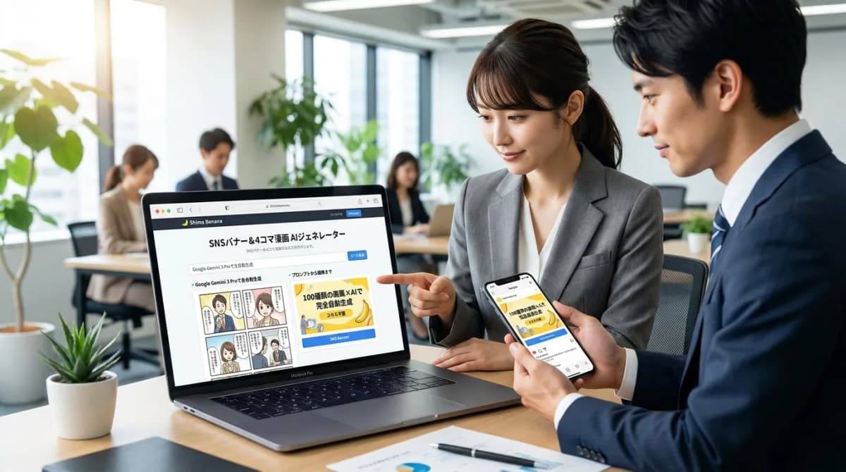 Shima Banana - SNSバナー&4コマ漫画 AIジェネレーター の画面 1