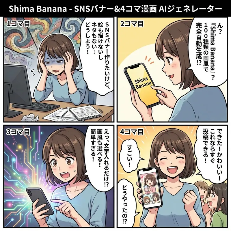 Shima Banana - SNSバナー&4コマ漫画 AIジェネレーター の画面 2