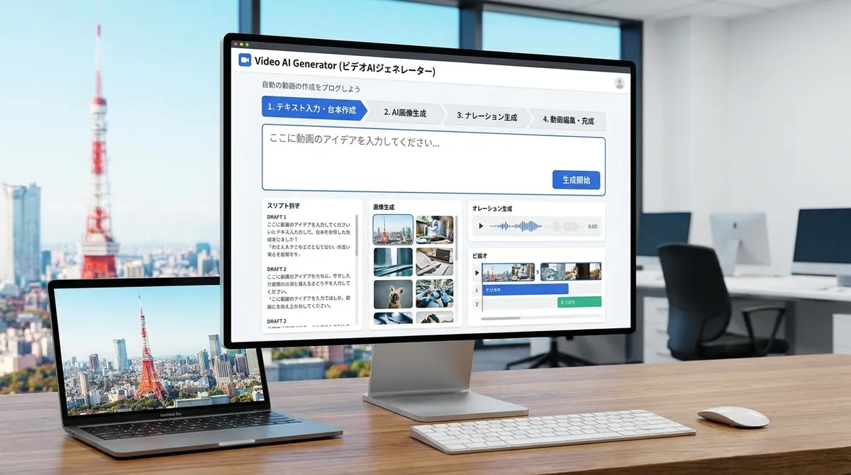 テキスト入力だけで台本→画像→ナレーション→動画編集まで全自動